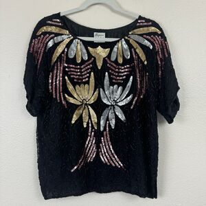 Vintage Elegance By Anujan Beaded Sequin Short Sleeve Silk Blouse Black Medium